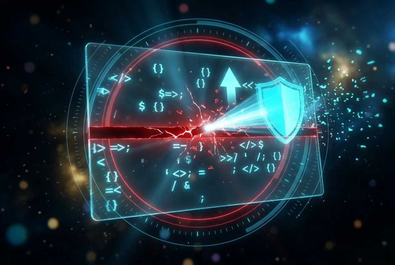 Eine schwebende Glasfläche mit PHP-Code-Zeichen in Cyan, durch die eine rot glühende, gerissene Zeile läuft, die ein Lichtstrahl aus einem Schild in Cyan versiegelt.