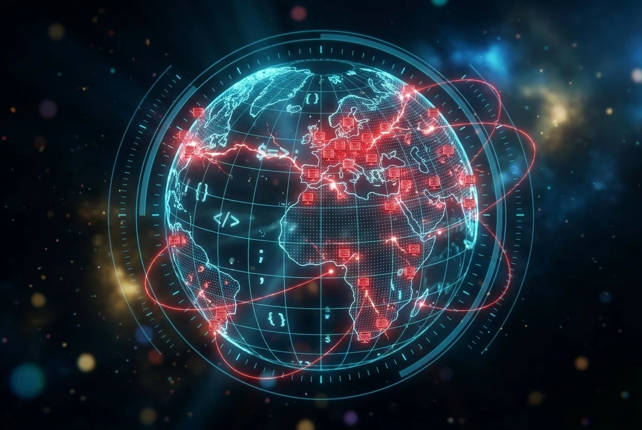Ein leuchtender Globus aus Linien in Cyan, umgeben von Code-Klammern, auf dem sich rote Server-Punkte über Europa und andere Kontinente ausbreiten und mit roten Bögen verbunden sind.